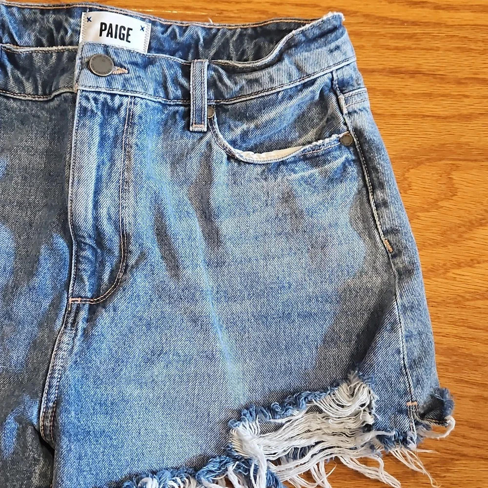 PAIGE Blue Distressed Jean Shorts - Picture 4 of 8